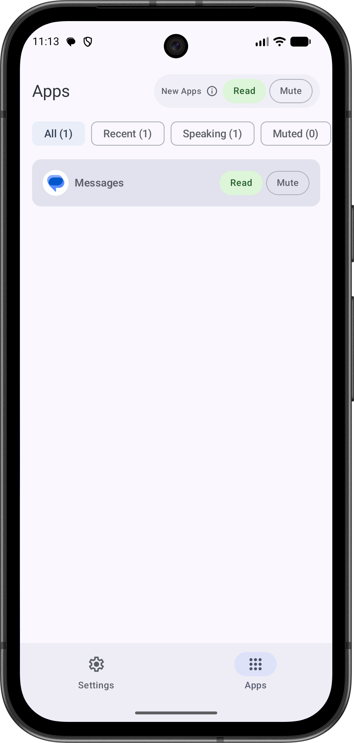 Notif apps screen showing per-app read and mute controls for Messages.